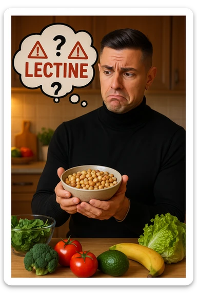 un uomo in cucina tiene in mano una ciotola di legumi (come fagioli o ceci) e li osserva con un’espressione dubbiosa e leggermente preoccupata. Sopra la ciotola, una nuvoletta di pensiero mostra la parola “Lectine” evidenziata in rosso, insieme a simboli di allarme o punti interrogativi. Sullo sfondo, altri alimenti salutari sono visibili sul tavolo, sottolineando il suo scetticismo verso i legumi. sticker