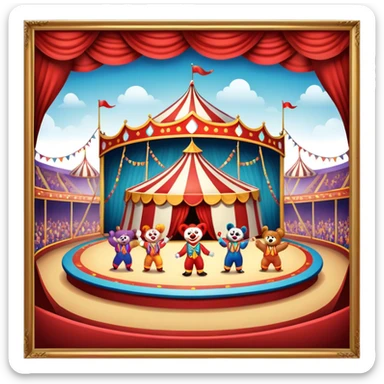 Icon for Circus Arts: a grand vibrant circus arena with acrobats, a clown, and performing bears. The icon should capture the excitement and energy of the circus, with colorful costumes and a lively atmosphere. Transparent background. sticker