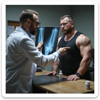 Powerlifter in competition clothing consulting sports doctor pointing at joint X-ray, worried expression, bottle of Stanozololo on table, realistic details, clinic background sticker