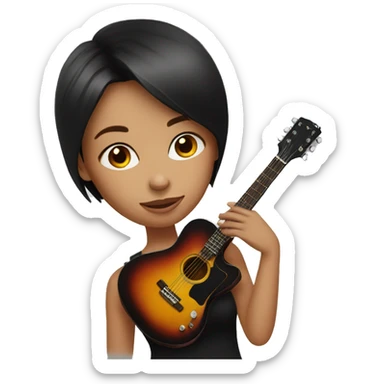 a girl wearing black have short red hair sipping, a guitar on her back, white eyes sticker