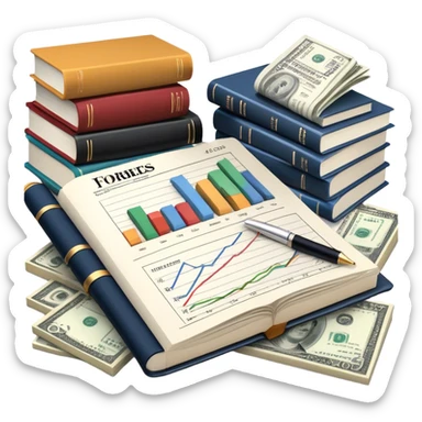 Icon for Business Reading: an open book with graphs, numbers, percentages, formulas, and text on the pages, next to a stack of books, a pile of dollars, a calculator, a pen, and business magazines like Forbes. Transparent background. sticker