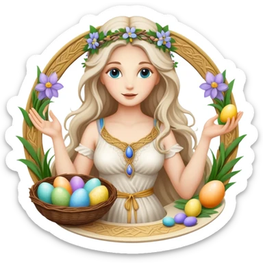 A beautiful goddess Eostre with flowing hair and spring flowers, holding Easter eggs and a Passover seder plate sticker