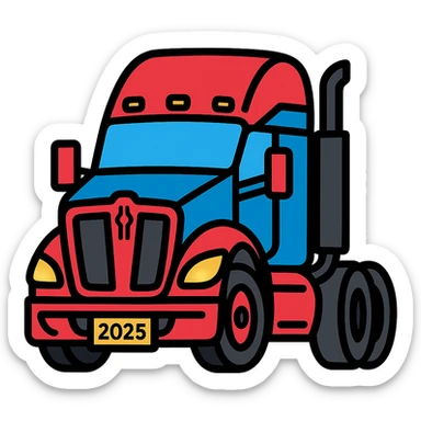 Detailed vector illustration style close-up of a 2025 Kenworth T680 truck in black, 45-degree front angle, headlights on, no background. sticker