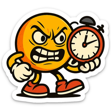 revenge emoji, cartoon style, character holding a clock, vengeful expression, comic book energy sticker