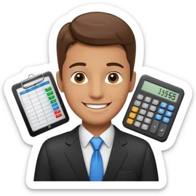 male aUDITOR smiling with spreadsheet and a calculator, emoji, ADD A puzzle and a Balance for accounting sticker