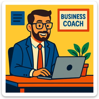 A 35-year-old male business coach sitting at a desk with a laptop sticker