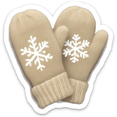 A pair of cozy knitted beige mittens with a snowflake design sticker