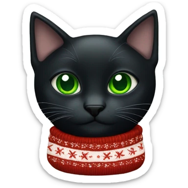 Black cat with green eyes wearing a Christmas sweater sticker