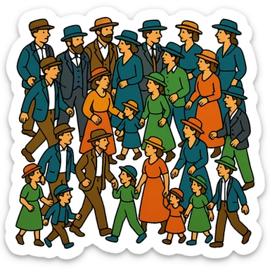 Add more people and children to the group in an isometric full body view, wearing period-appropriate 19th century clothing and hats, in dynamic poses. Keep the style consistent with the original image. Transparent background, no text. sticker