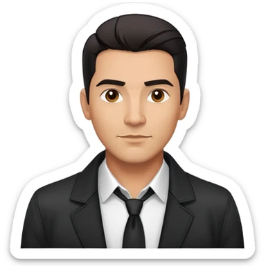 Attractive Hispanic TV host in his mid to late 40s with light brown skin, short straight black hair slicked back with fade on sides, square handsome face with strong jawline, friendly approachable expression, wearing open black jacket revealing white buttoned shirt underneath sticker