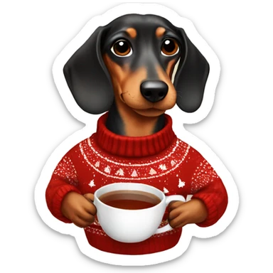 Dachshund in a Christmas sweater with a Christmas cup of tea sticker