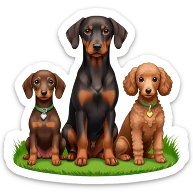 Close-up of a Doberman Pinscher, a Dachshund and a Poodle sitting together on lush green grass. The background features a beautiful, serene nature view with rolling hills and bright blue skies. The dogs' sleek coats shine under the sun. Transparent background. sticker