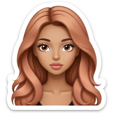 Glamours, tanned, very beautiful girl, with big pump peach-beige-rose lips, long long lashes, brown wavy smooth silky long hair, straight parting hair,with sticker