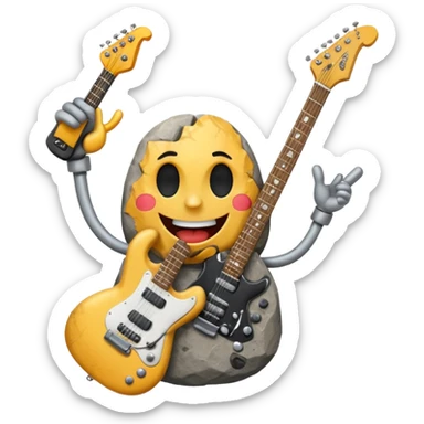 a rock with a happy face that is holding up a rock and roll hand and an electric guitar sticker