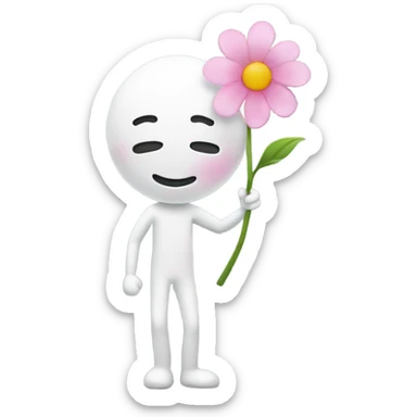 A white stick man that has a super hapy face and is blushing holding a cute small pink flower sticker