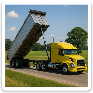 long silver end dump trailer hooked to a Volvo yellow semi sleeper truck, trailer in dump position, photorealistic daytime country scene with fields, trees, and a quiet country road, truck driving left sticker