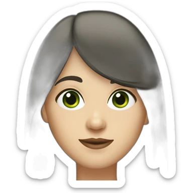 40 year old white woman with green eyes long dark hair and a fringe and oval shape face sticker