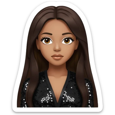 Aaliyah with long dark brown hair, black sequin outfit sticker