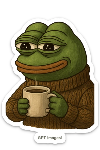 pepe the frog holding a coffee cup, cozy and detailed, gpt-image style sticker