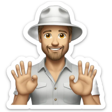 small businessman,Bucket Hat,smile, Brad Pitt, rings on his fingers, beard sticker