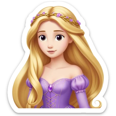 Cinematic Elegant Rapunzel Portrait Emoji, rendered in a realistic, vector-style with minimal shading and bold, simplified shapes. Depict Rapunzel (chest and above) with fair, porcelain skin, long, flowing golden hair cascading gracefully, and soft, gentle eyes, wearing her iconic light purple gown. The image glows with a soft, enchanting radiance and high shine, capturing timeless fairy-tale beauty. sticker
