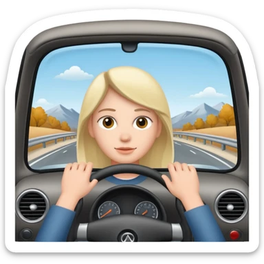 Crea un emoji con fondo transparente en PNG de una persona manejando un vehículo, que se vea desde el parabrisas frontal. sticker