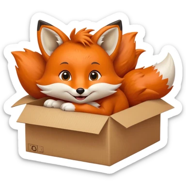 playful fox curled up in a cardboard box, big eyes, kids toy vibe sticker