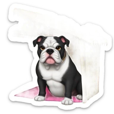 Black furred English bulldog hanging out in a cabana sticker