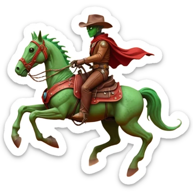 An alien cowboy riding a mechanical horse across a red Martian desert, two moons in the sky, dust storm swirling, wide cinematic shot, dramatic composition, hyper detailed, sci-fi western fusion sticker