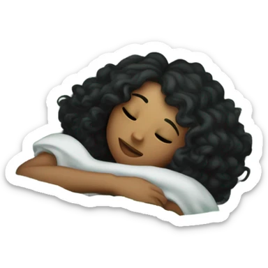 girl with curly black hair sleeping in bed with faded green striped comforters sticker