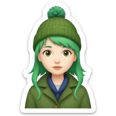 Girl with green hair wearing winter coat and a woolen hat with a relaxed posture and friendly face sticker