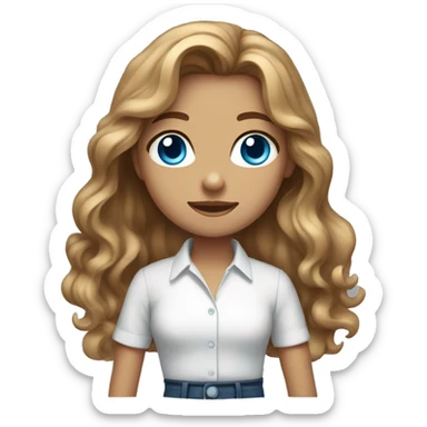 girl with long light brown wavy hair blue eyes wearing a white shirt sticker