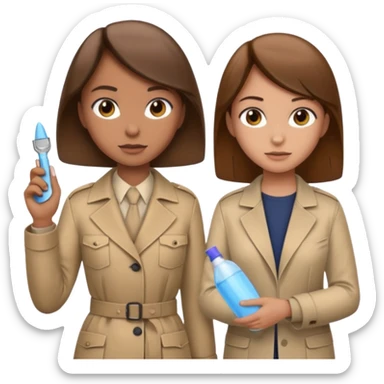 detective with beige clothing and brown hair interviewing suspect (girl) with cleaning clothing sticker