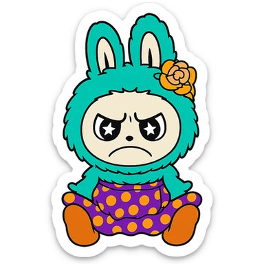 Change only the facial expression of the teal bunny character to an angry, frowning look. Keep the character, pose, and all colors exactly the same as the original. Do not change any other details. Transparent background. sticker