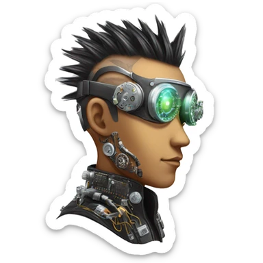 Mohawk hair Asian male cyborg head with neon silver steampunk goggles and circuits sticker
