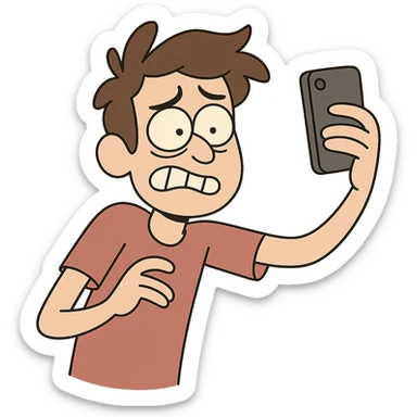 a boy taking a selfie awkwardly, cartoon style sticker