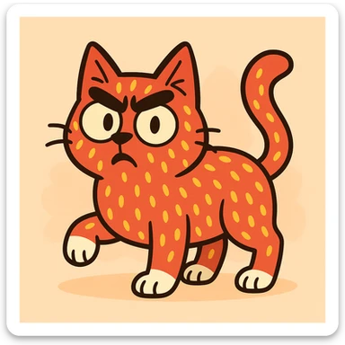 a cat with strawberry patterned fur, exaggerated bushy eyebrows, and white toes, cute cartoon style sticker