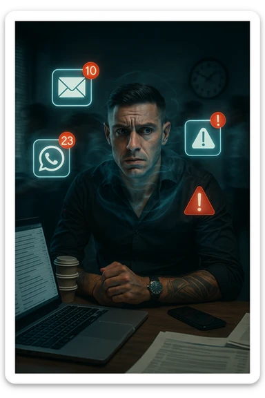 A highly realistic, cinematic portrait of a young man in his early 30s with a tired, tense expression, sitting at his modern office desk surrounded by multiple smartphones with glowing notification bubbles (WhatsApp, emails, alerts) hovering around him like aggressive neon icons. His posture is hunched, shoulders raised, eyes slightly wide, and jaw clenched, representing constant hyper-vigilance and stress. The environment is a cold, cluttered workspace with a laptop displaying endless emails and Slack notifications, coffee cups stacked nearby, and a clock showing late hours, symbolizing the relentless pace of modern work life. Behind him, ghostly blurred figures rush by in a fast-motion effect, representing the constant rush and societal pressure. A faint, tight grey aura wraps around his chest and head, symbolizing blocked breathing and mental tension, while faint blue light tries to push through, representing the body’s desire to find calm. The lighting is harsh and cool, with a 35mm hyperrealistic film style, shallow depth of field focusing on the man’s stressed face and the floating notifications, illustrating the modern trap of always being on alert. sticker