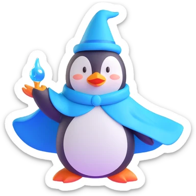A heroic penguin wizard with a flowing cape, icy blue magic swirling from its flippers, 3D emoji style sticker