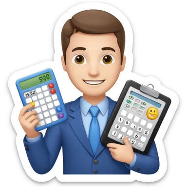 emoji, of a male AUDITOR smiling with Finance spreadsheet , a calculator,plus ADD A puzzle and a Balance for accounting. sticker