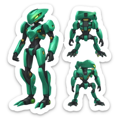 a shiny black-green Genesect-Raptor-Fakémon-Medabot-hybrid with a futuristic visor-helmet full body sticker