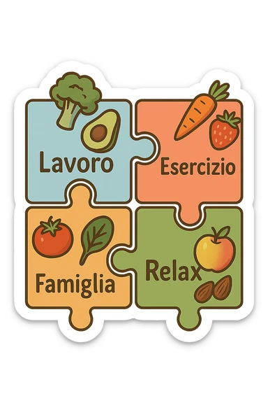 Puzzle (Lavoro, Esercizio, Famiglia, Relax), and healthy foods are integrated into each piece. in italiano sticker