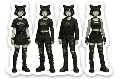 outfit designs for a VTUBER OC. The style is mixed 90's grunge, punk, lots of black and white in the color scheme, futuristic aesthetic. Clothing has small rips and tears from wear, logos and designs are faded. Garage, Shoegaze, postmodern style. character design concept art outfits for a female sticker