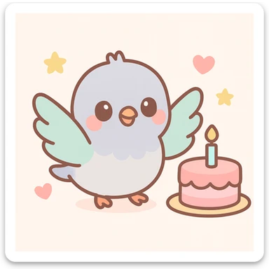 baby pigeon looking at birthday cake with wings spread, joyful and lovely atmosphere, bright and colorful sticker