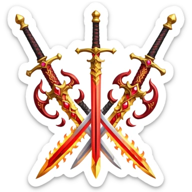 Two powerful on fire fully golden fiery royal crossed swords with red gems sticker