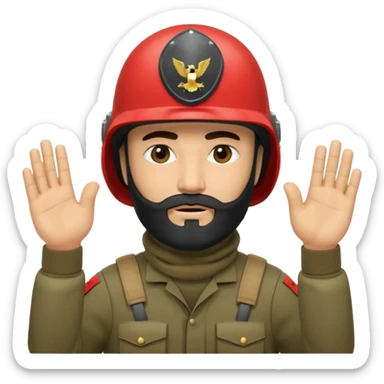 surrenders, depicts an Iraqi soldier from 1980, with a beard, in a helmet, a helmet without signs, with a balaclava, with sad eyes and raised hands sticker