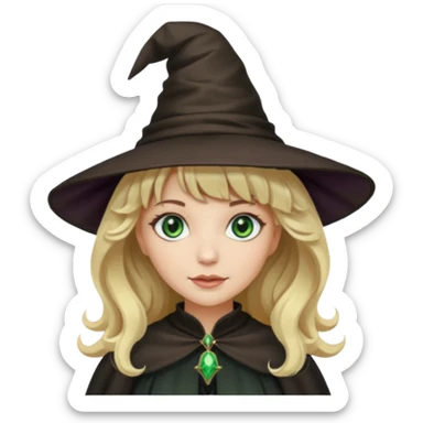 Mulher, branca, cabelos loiros e ondulados com uma franja, olhos verdes e roupa e chapéu de bruxa sticker