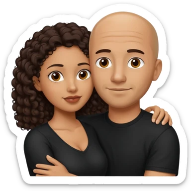A picture of a tanned couple embracing. the man is a Mexican man with tanned skin, a bald hair cut, short beard and wearing a black shirt. the woman is mixed, with long curly dark brown hair and with big boobs  sticker