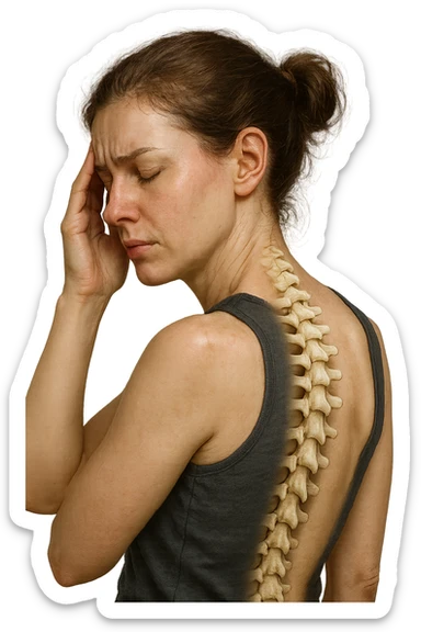 donna stanca che si tiene una mano sulla tempia con spina dorsale anatomica visibile, iperrealistico 4k sticker