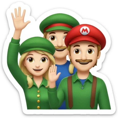 blonde female Luigi (with the Luigi green hat) and a normal brown hair male Mario with the red hat. They are friends! Maybe highfiving or just smiling sticker